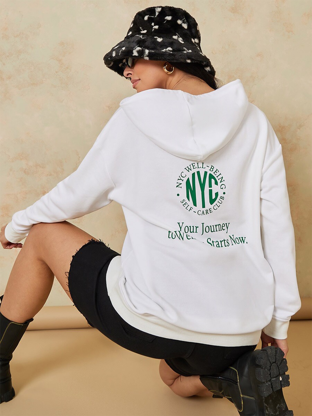 

Styli Women White Printed Cotton Hooded Sweatshirt