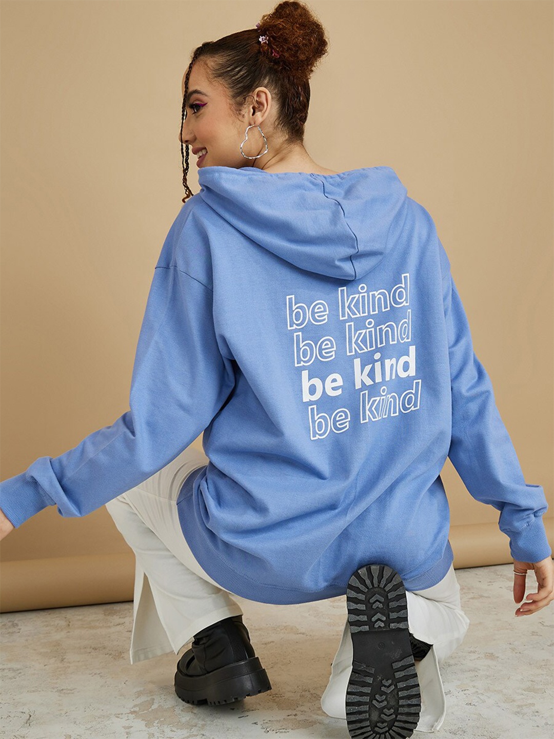 

Styli Women Blue Cotton Hooded Sweatshirt