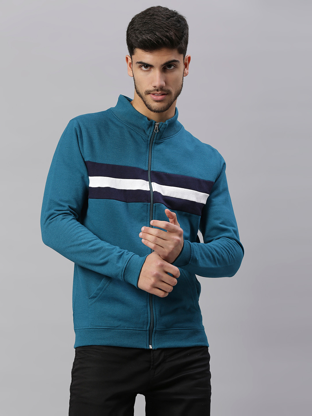 

High Star Men Striped Ribbed Neck Sweatshirt, Teal