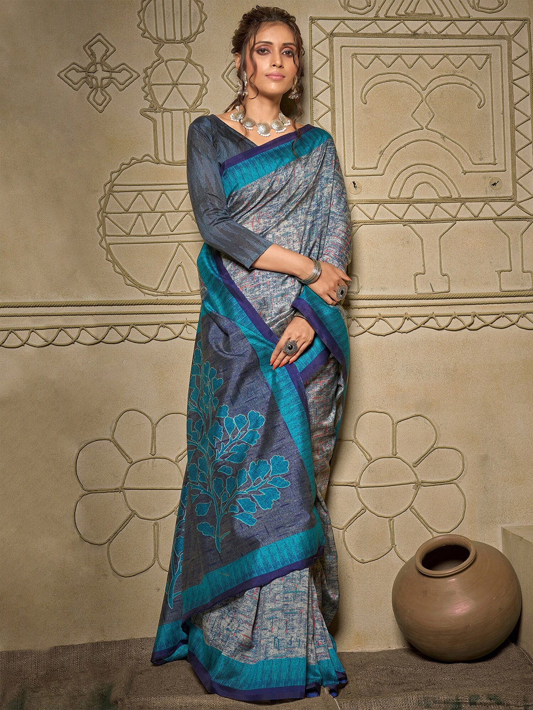 

Saree mall Grey & Blue Floral Art Silk Taant Sarees