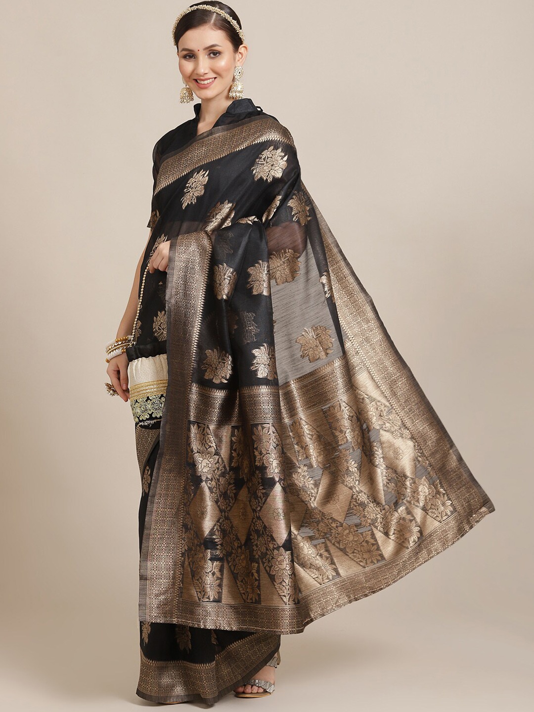 

Saree mall Black & Gold-Toned Woven Design Bagh Sarees