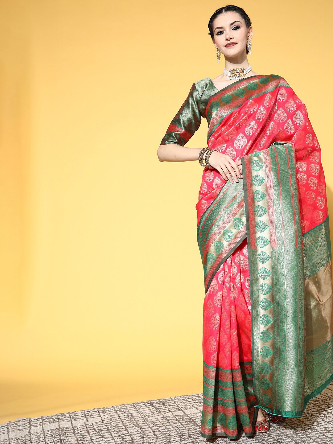 

Saree mall Pink & Green Ethnic Motifs Zari Silk Blend Dharmavaram Sarees