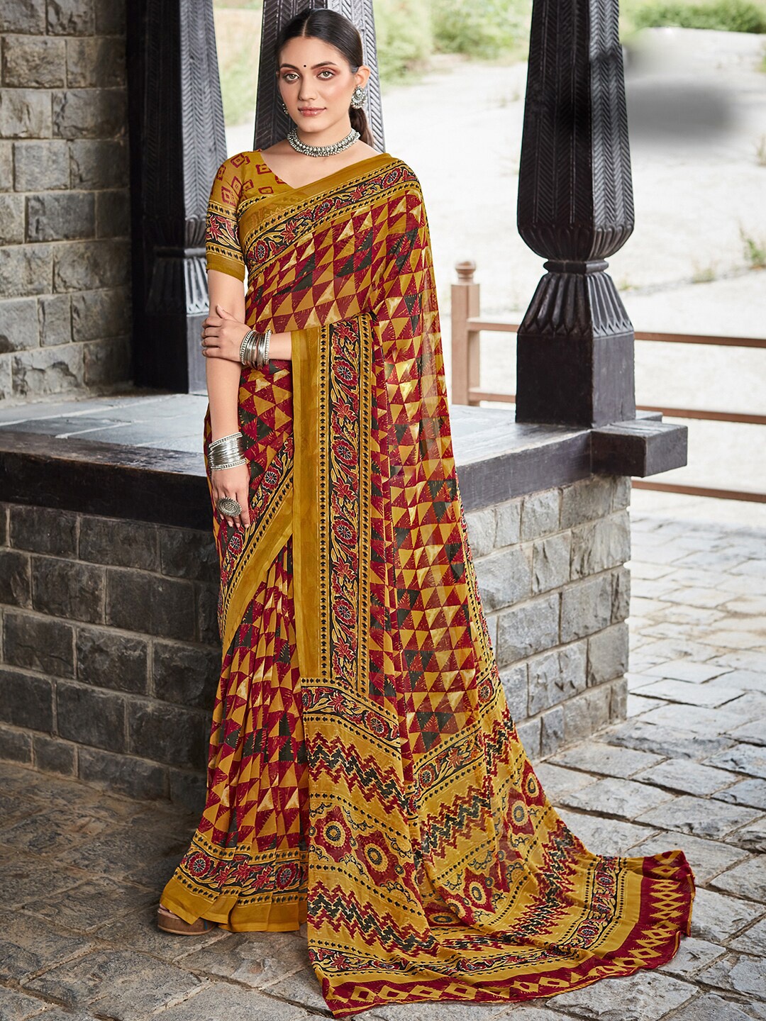 

Saree mall Mustard & Maroon Pure Georgette Block Print Sarees