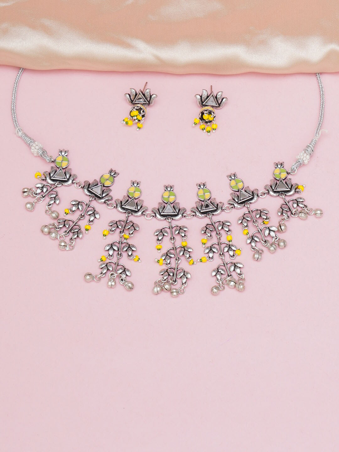 

Voylla Silver-Plated Yellow & Green Stone-Studded Jewellery Set