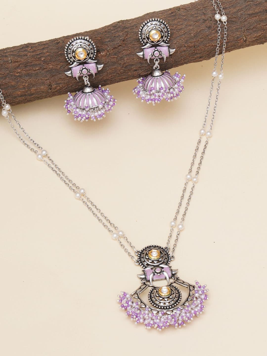 

Voylla Silver-Plated Purple Beaded & Faux Pearl Studded Filigree Jewellery Set