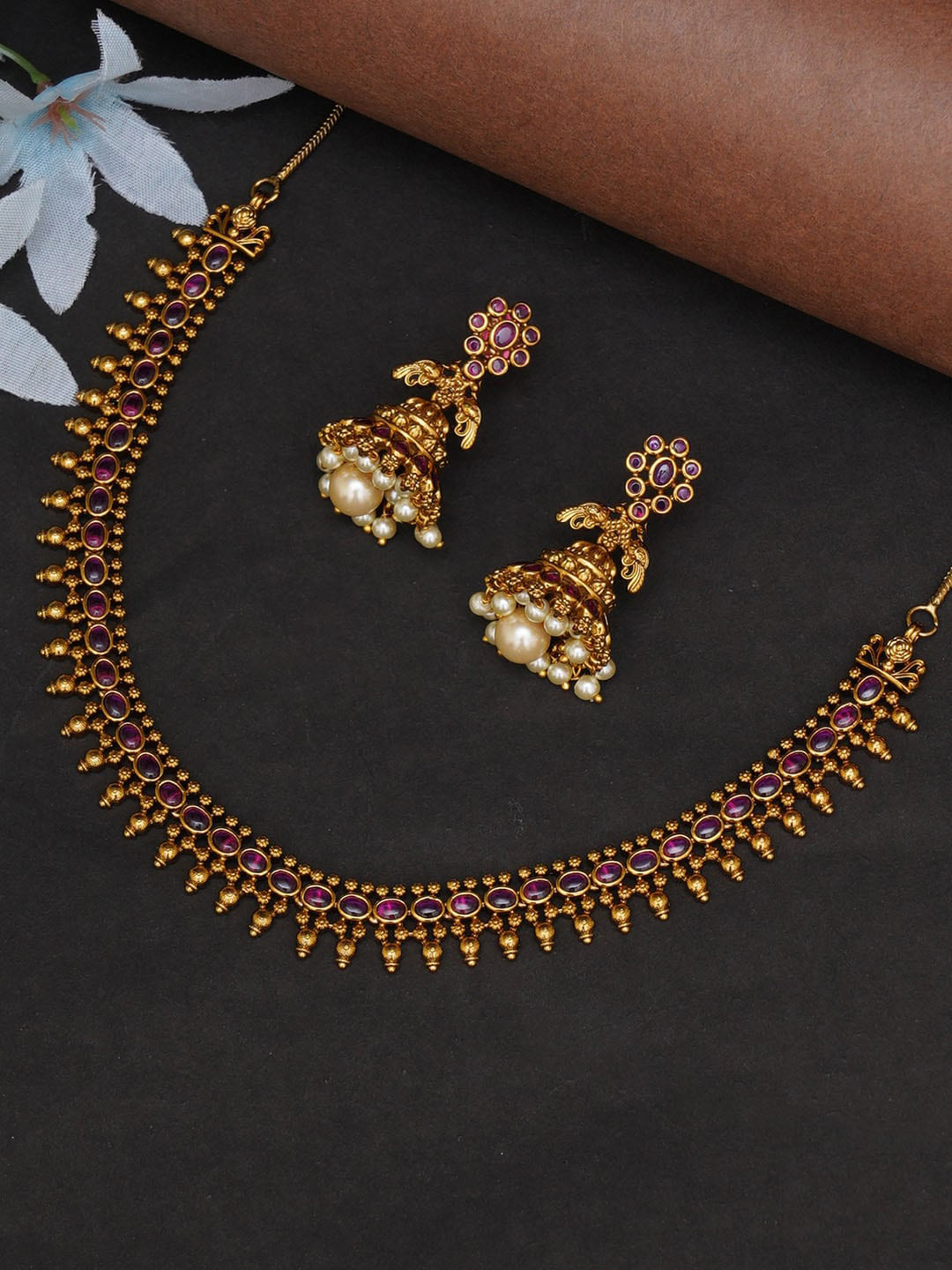 

Voylla Gold-Plated White & Red Stone-Studded & Pearl Beaded Jewellery Set