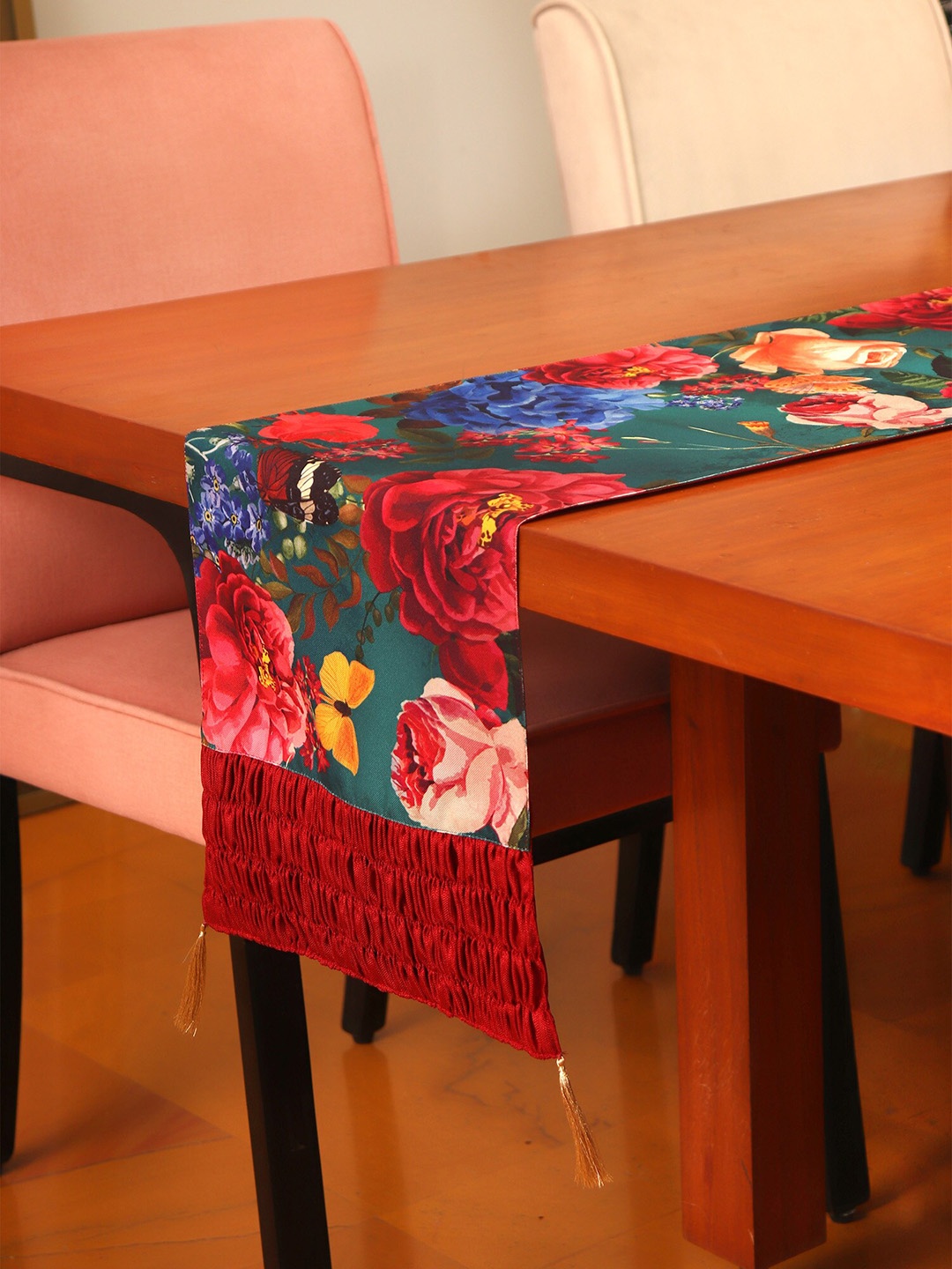 

ZEBA Teal & Maroon Floral Printed Table Runner with Tassels