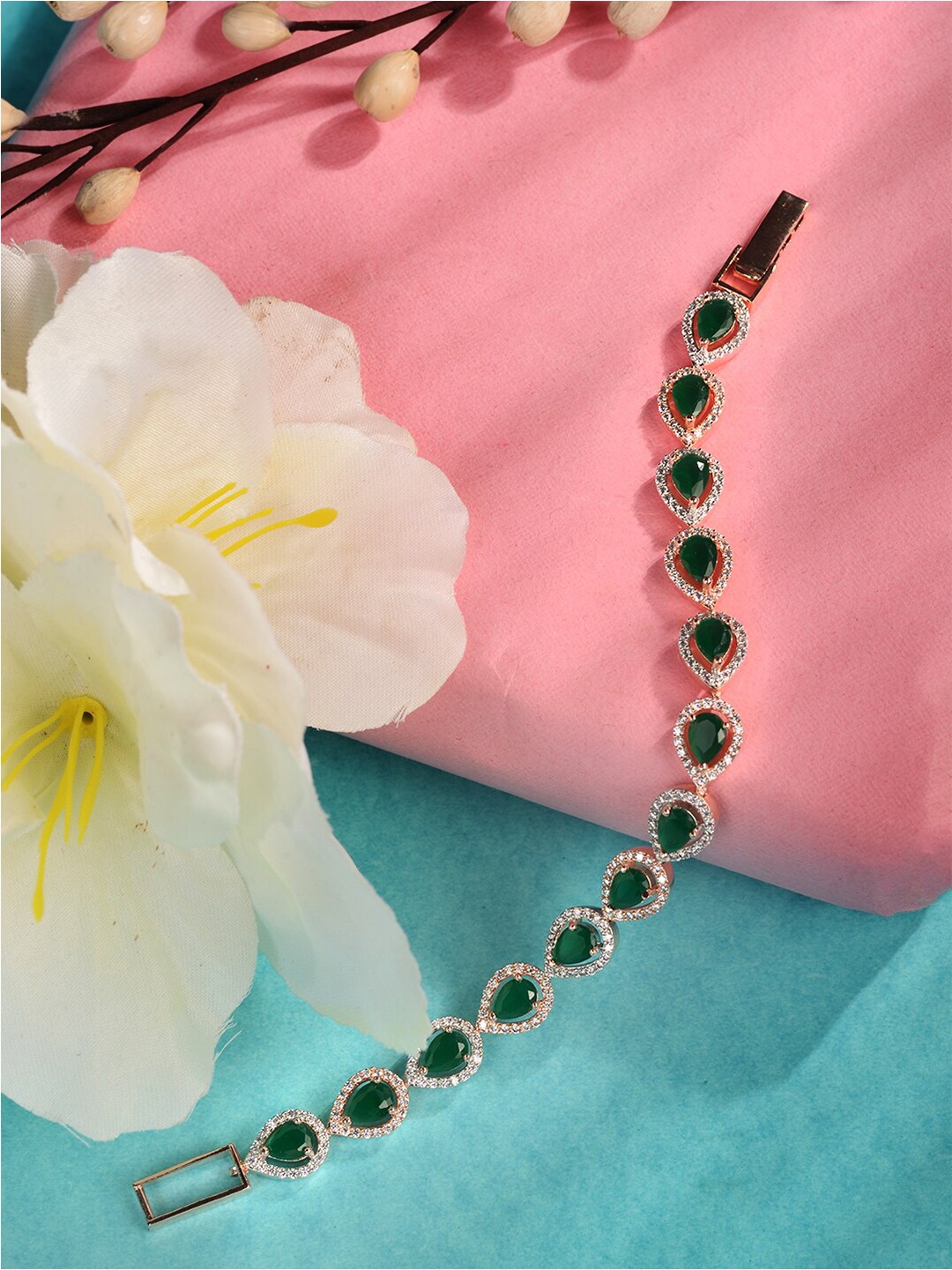 

Saraf RS Jewellery Women Rose Gold-Plated Green Brass American Diamond Link Bracelet