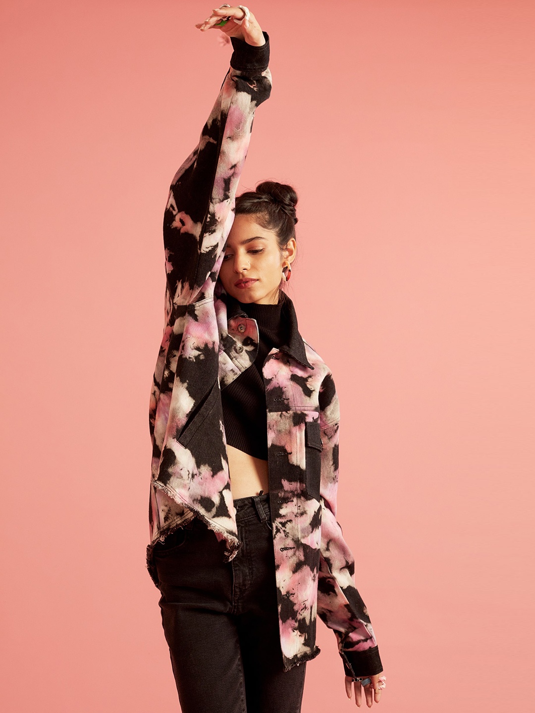

THE CLOTHING FACTORY Unisex Pink Black Tie and Dye Cotton Tailored Jacket