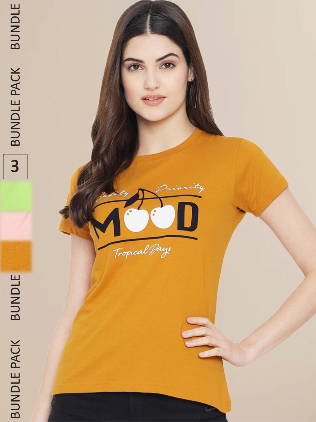 

Fabflee Women Mustard Yellow & Peach-Coloured Pack of 3 Printed T-shirt