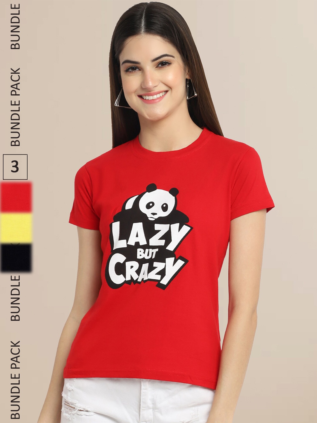 

Fabflee Women Red & Yellow Pack of 3 Typography Printed Cotton T-shirt
