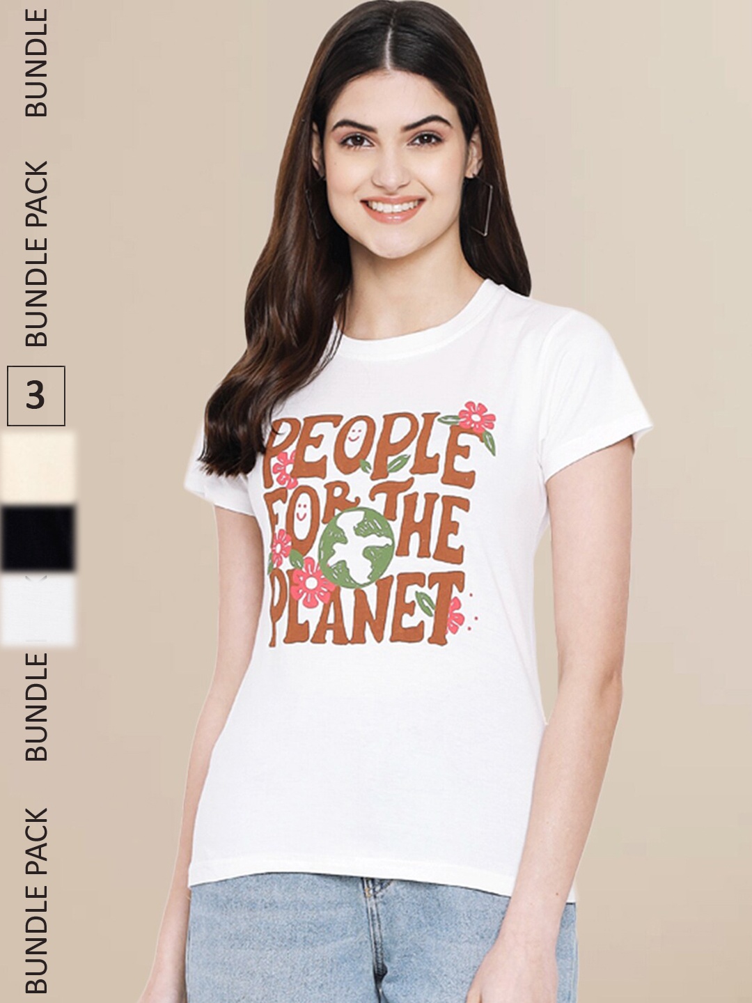 Fabflee Women White & Black Pack of 3 Typography Printed Cotton T-shirt