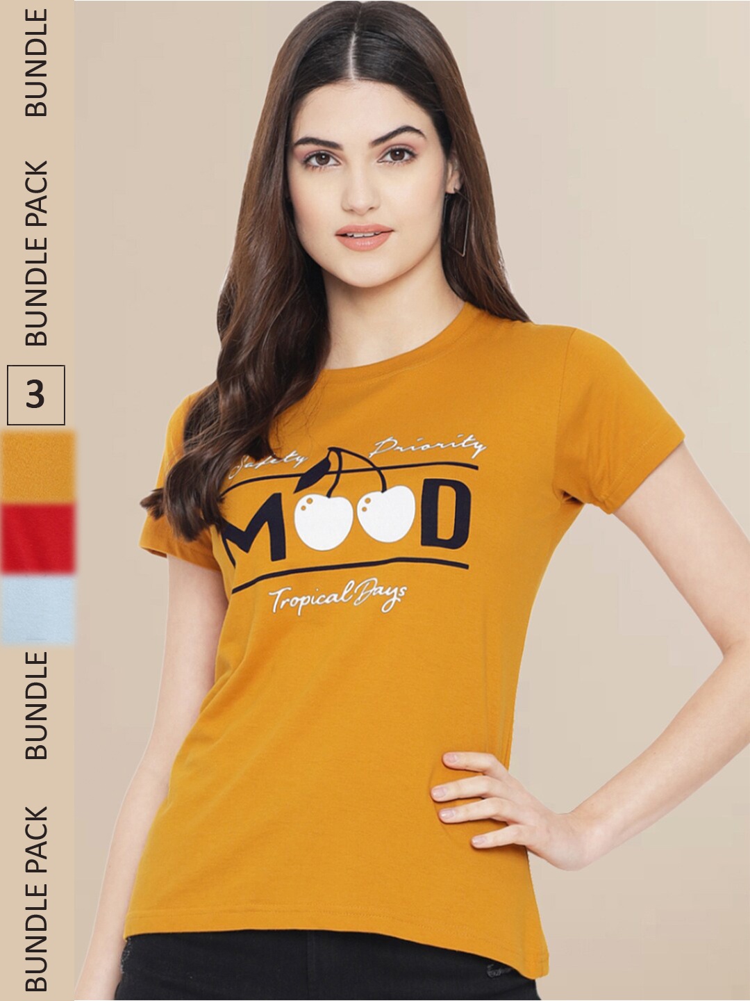 

Fabflee Women Mustard Yellow & Red Pack of 3 Typography Printed Cotton T-shirt