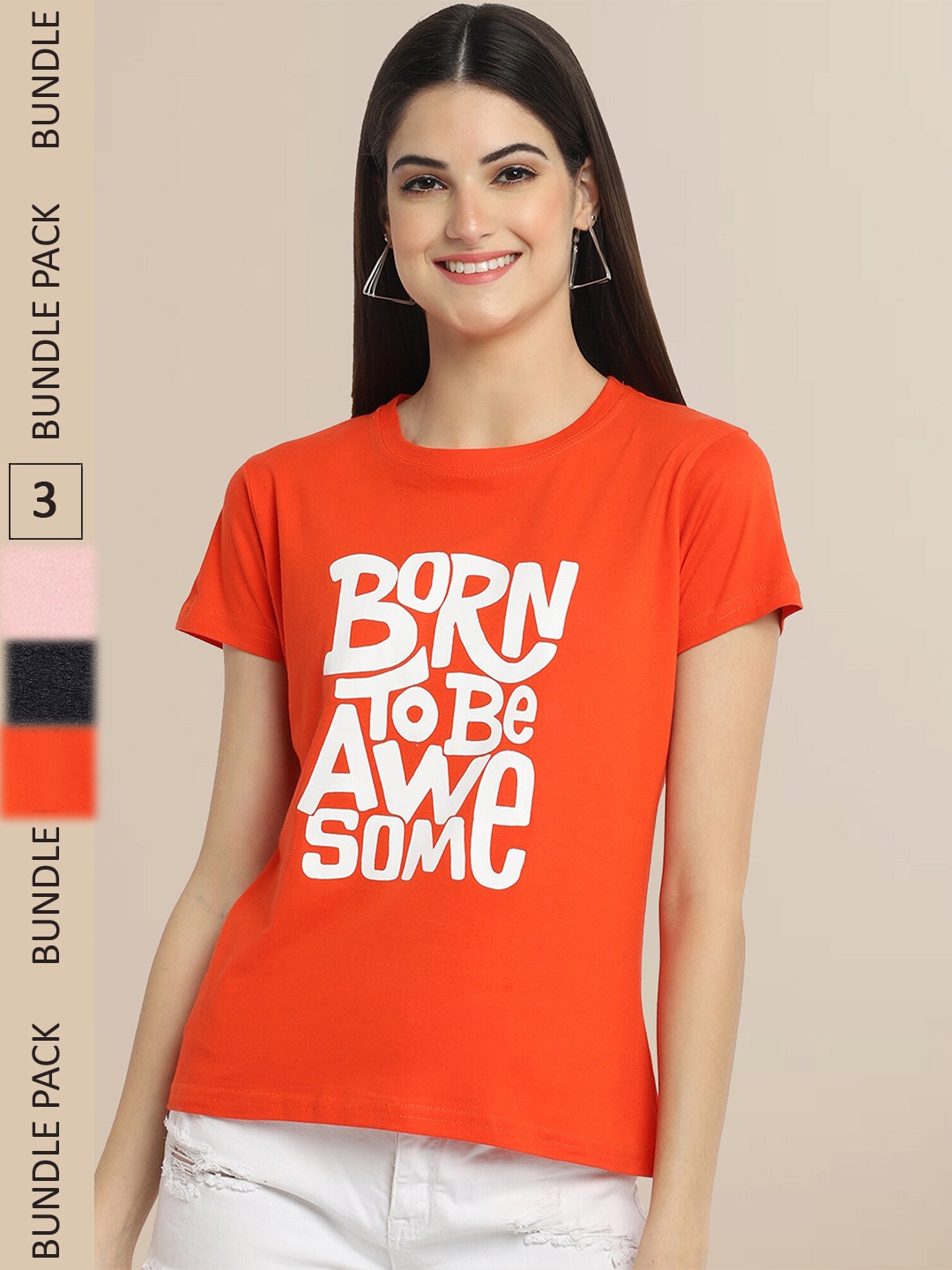 

Fabflee Women Orange & Black Pack of 3 Typography Printed Cotton T-shirt