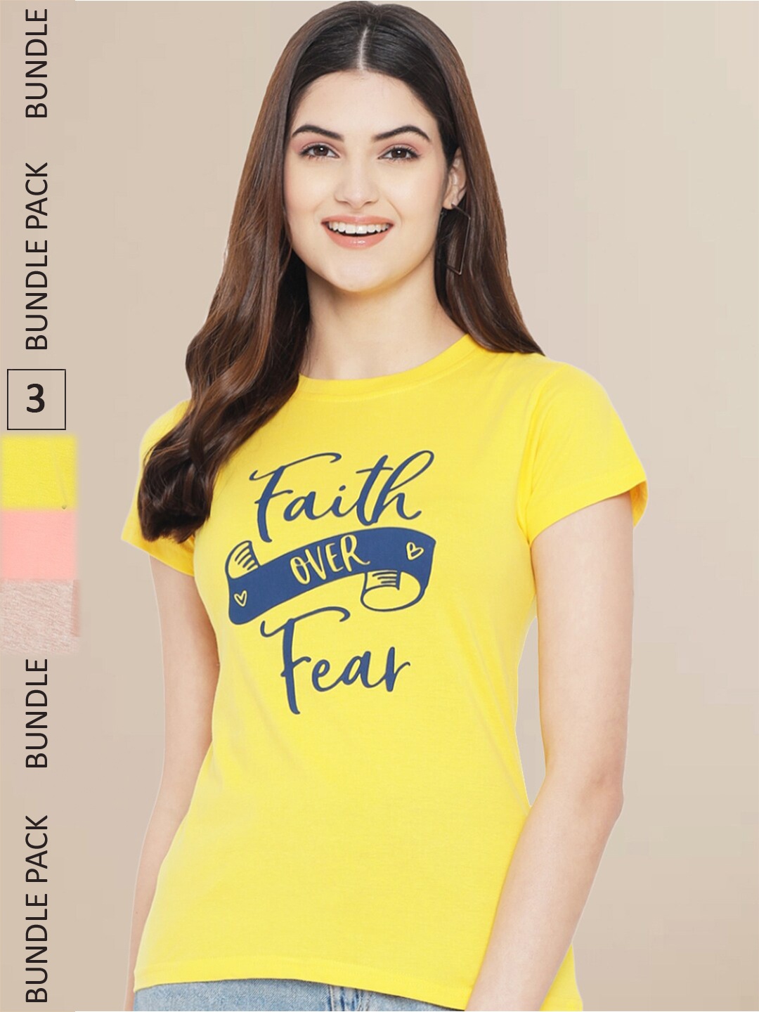 

Fabflee Women Yellow & Peach Pack of 3 Typography Printed Cotton T-shirt