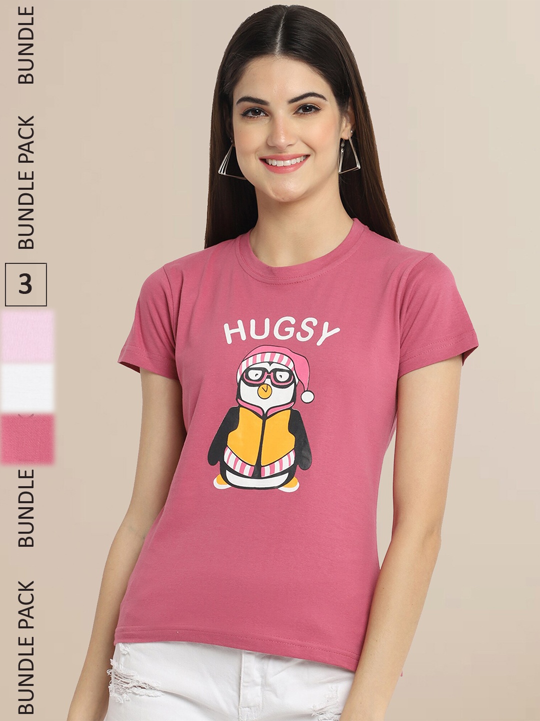 

Fabflee Women Pink & White Pack of 3 Typography Printed Cotton T-shirt