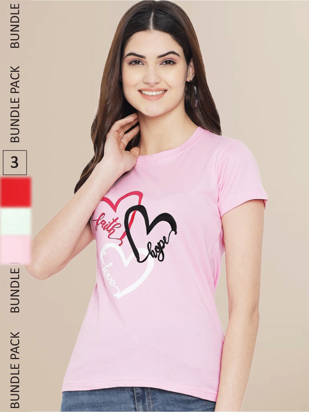 

Fabflee Women Pink & Red Pack of 3 Typography Printed Cotton T-shirts