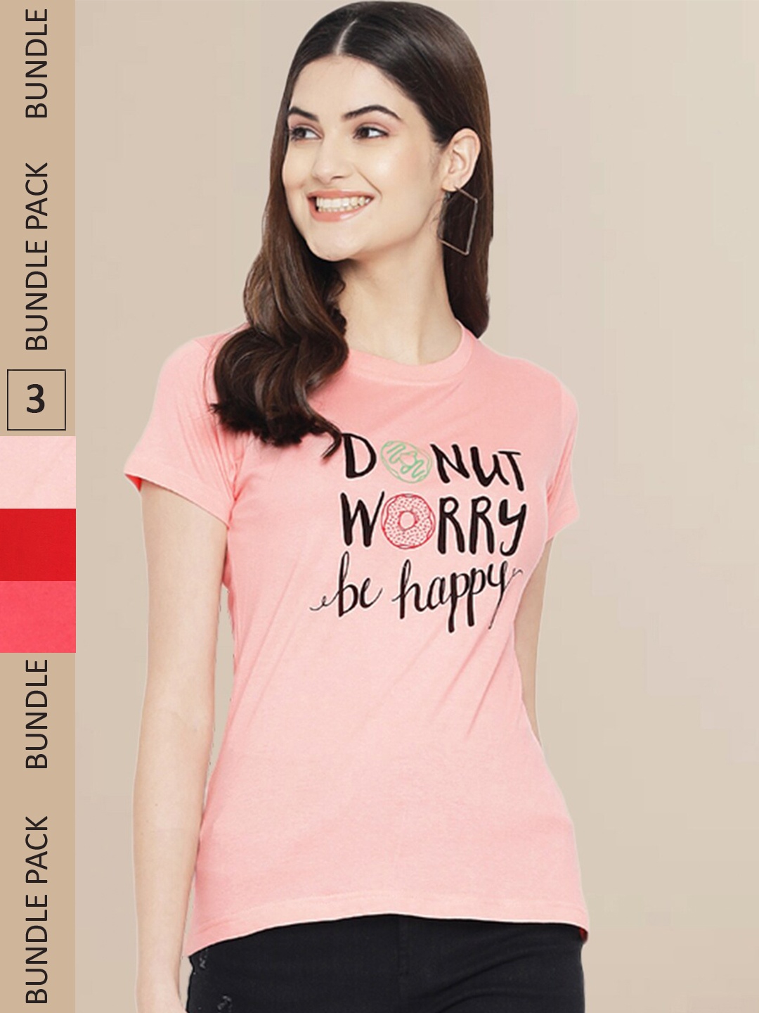 

Fabflee Women Red & Pink Pack of 3 Typography Printed Cotton T-shirts