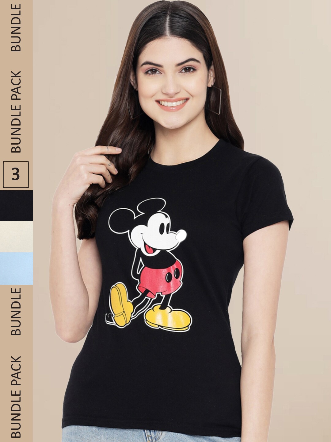 Fabflee Women Black & Blue Pack of 3 Printed Cotton T-shirts