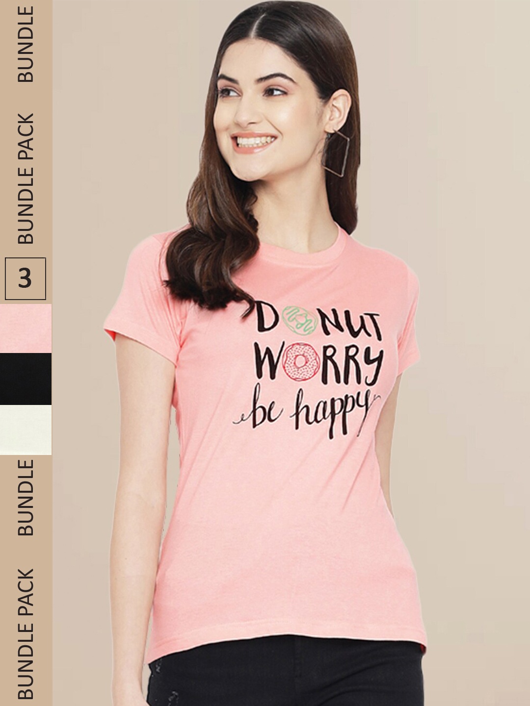 

Fabflee Women Peach & Black Pack of 3 Typography Printed Cotton T-shirts