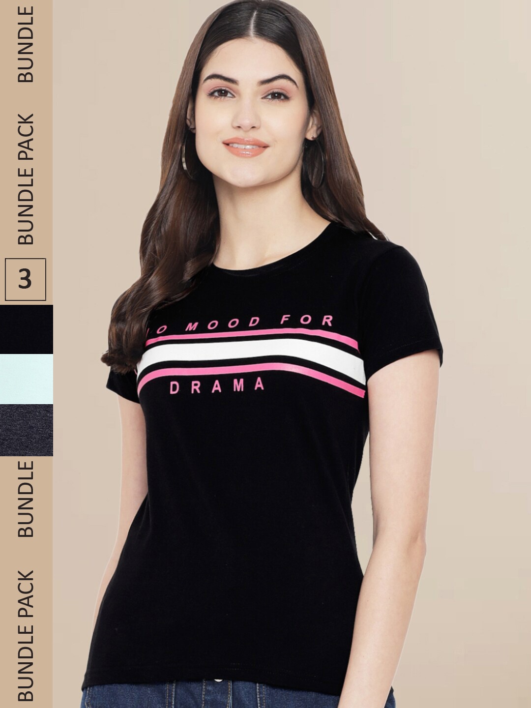 Fabflee Women Black & Blue Pack of 3 Typography Printed Cotton T-shirts