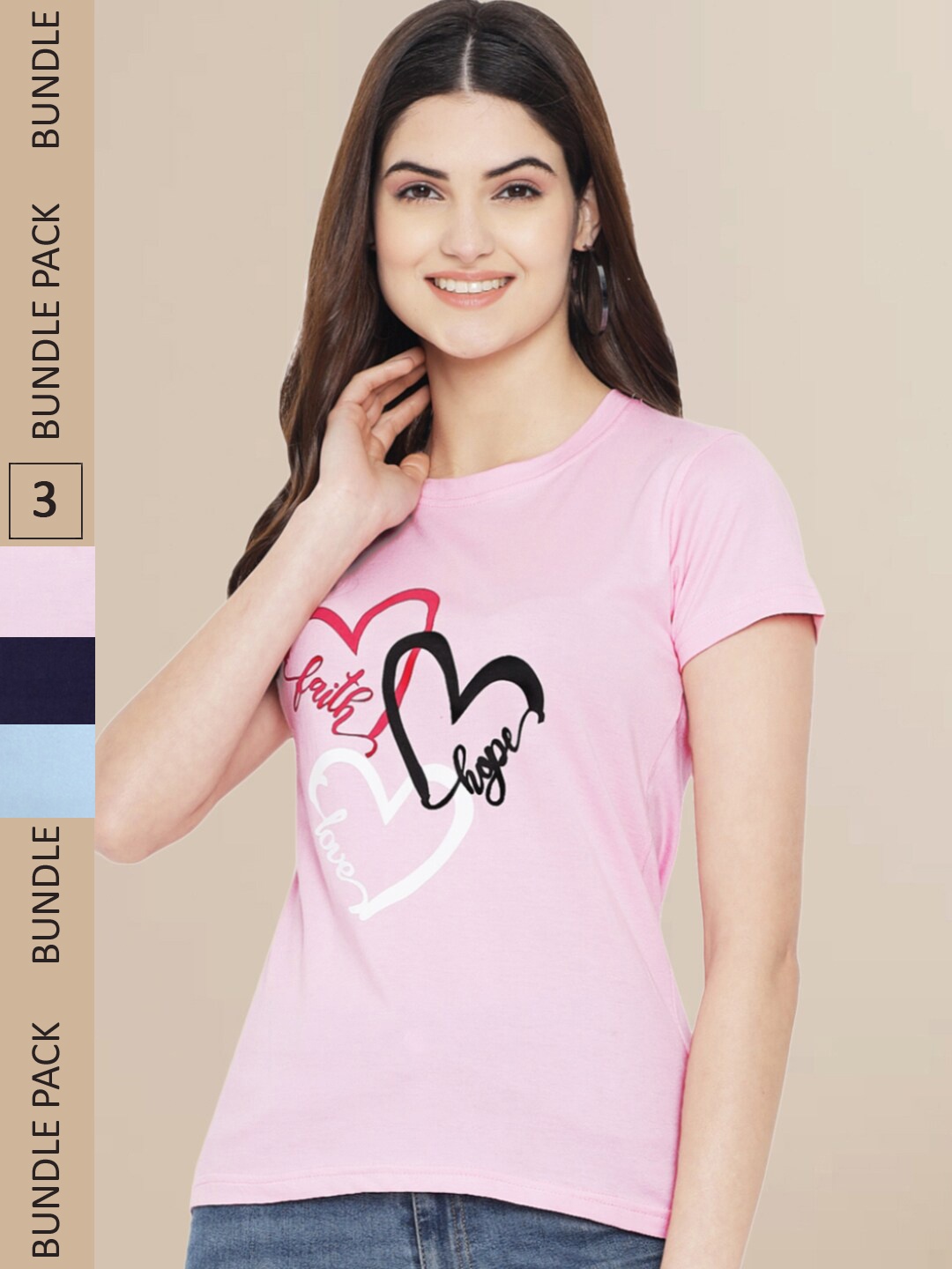 Fabflee Women Black & Pink Pack of 3 Typography Printed Cotton T-shirts