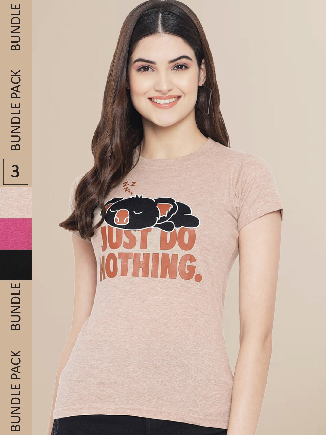 

Fabflee Women Pack of 3 Typography Print T-shirt, Peach