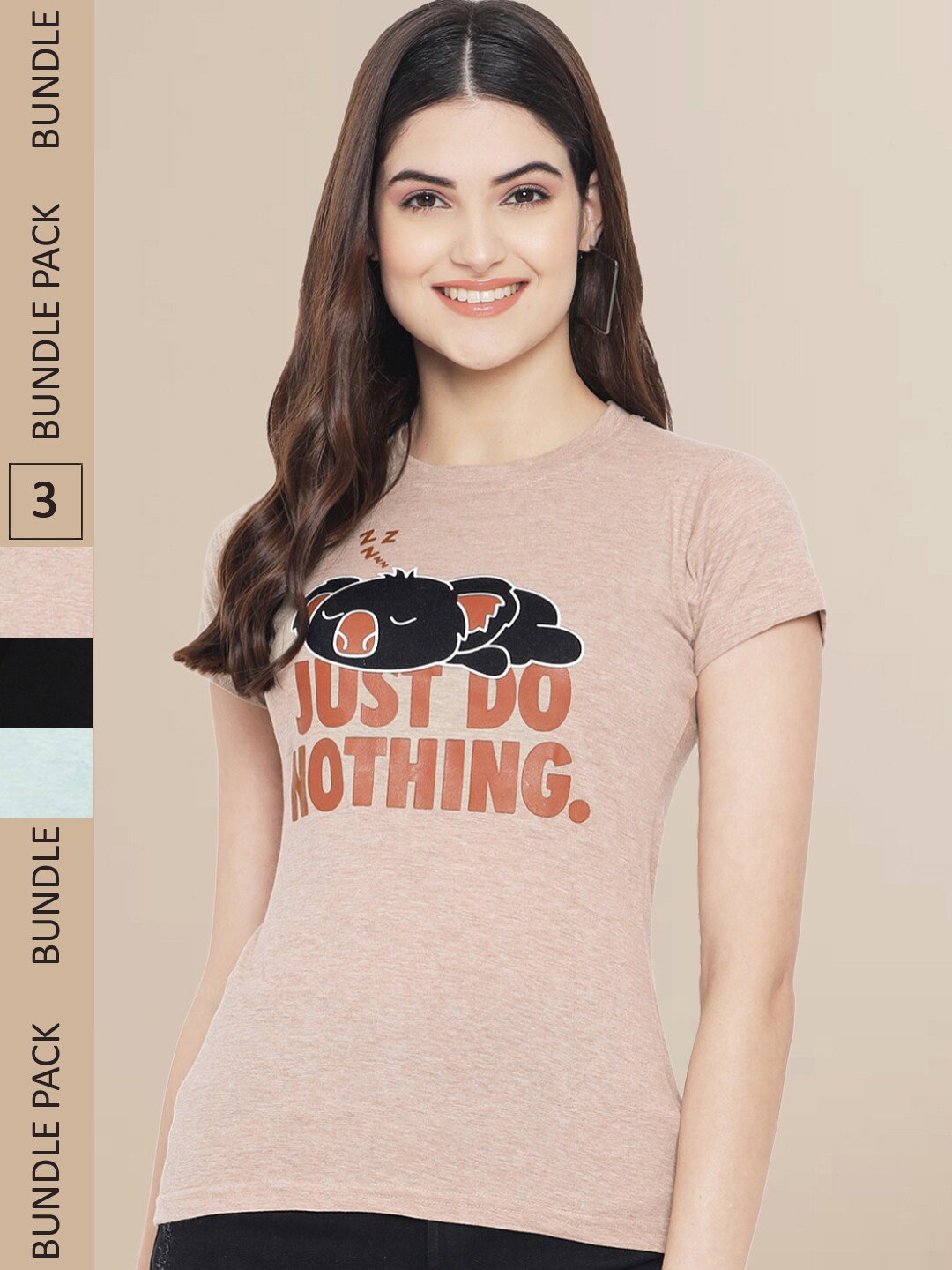 

Fabflee Women Pack of 3 Typography Print T-shirt, Nude