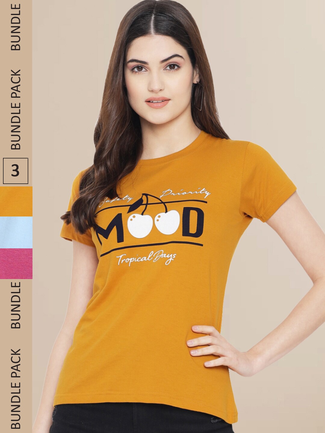 Fabflee Women Pack of 3 Typography Print T-shirt, Mustard