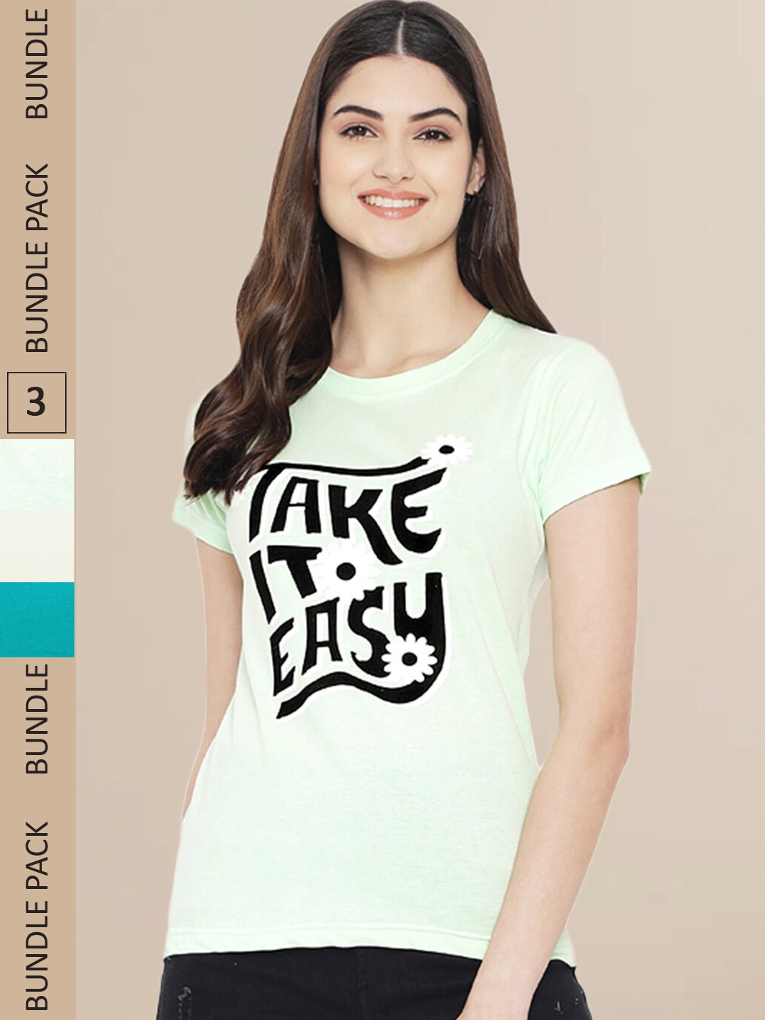 Fabflee Women Pack of 3 Typography Print T-shirt, Cream
