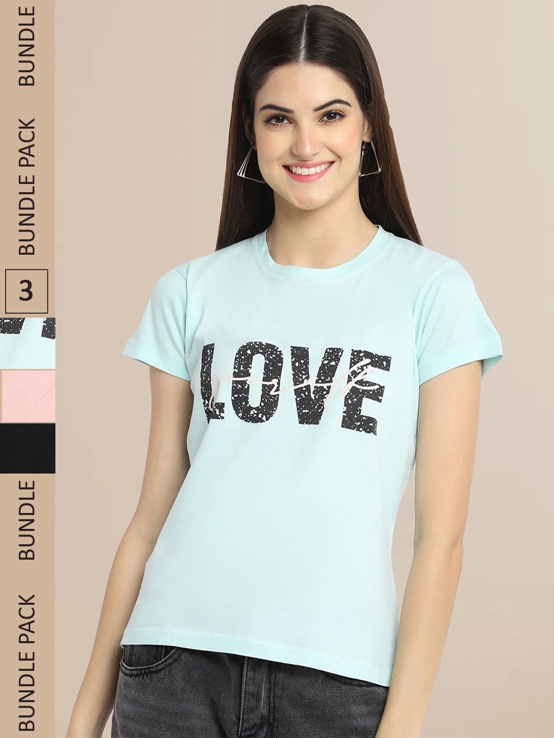 

Fabflee Women Pack of 3 Typography Print T-shirt, Sea green
