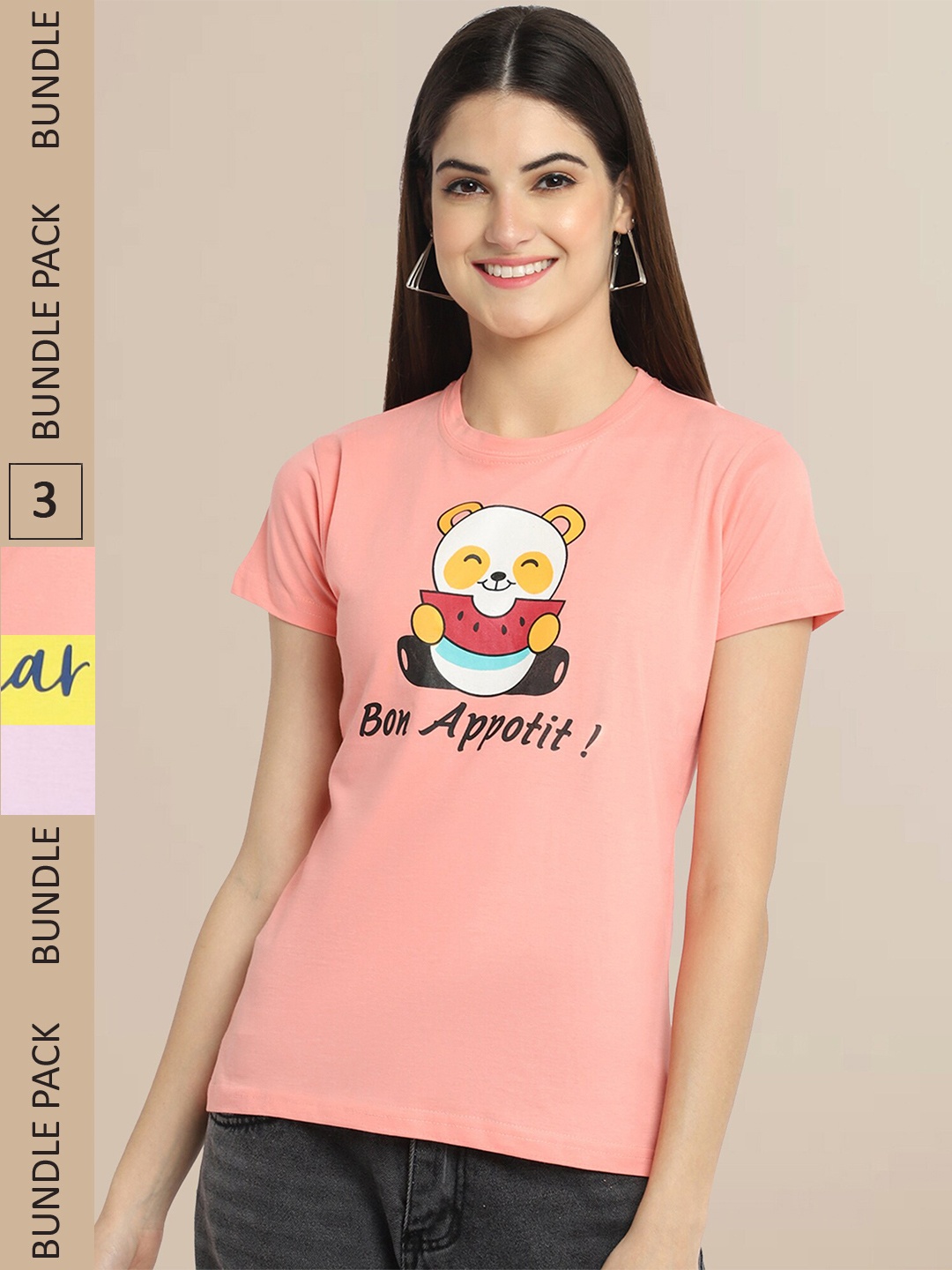 

Fabflee Women Peach-Coloured & Yellow Typography Pack of 3 Printed CottonT-shirt