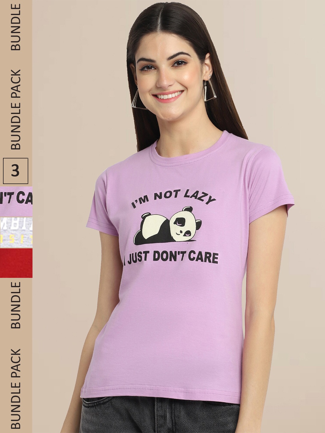

Fabflee Women Lavender & Grey Typography Pack of 3 Printed CottonT-shirt