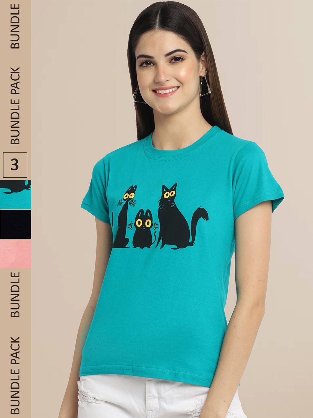 

Fabflee Women Teal & Black Pack of 3 Printed Pack Cotton T-shirt