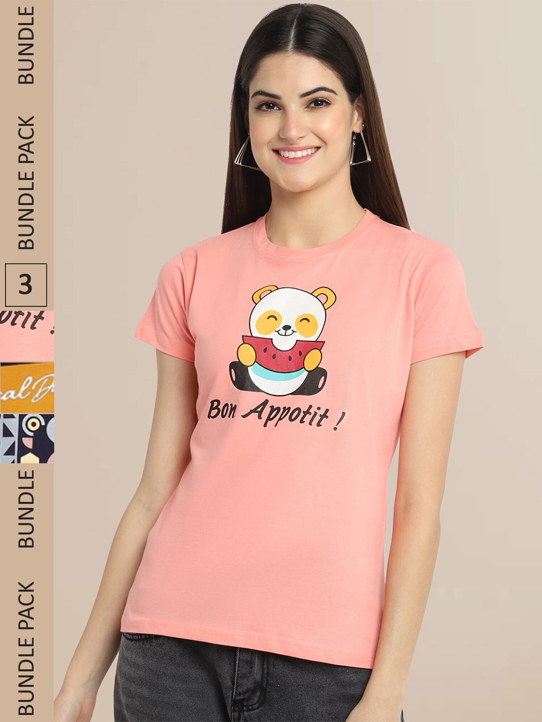 Fabflee Women Pack Of 3 Typography Printed Cotton T-shirts, Peach