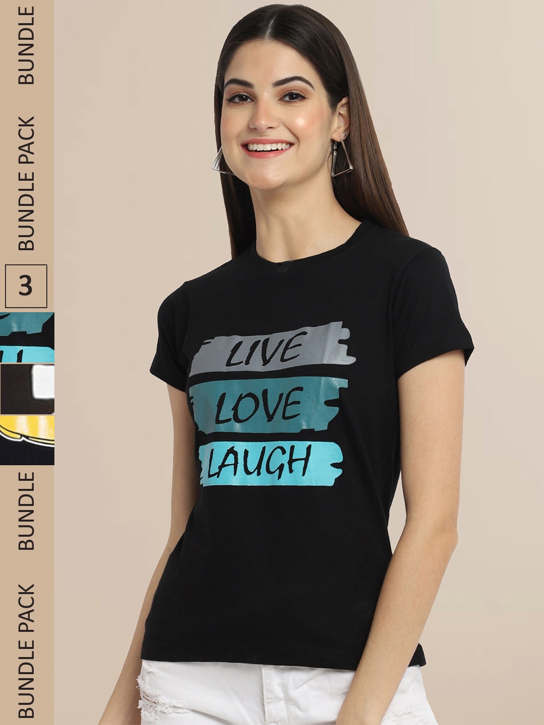 

Fabflee Women Pack Of 3 Typography Printed Cotton T-shirts, Black
