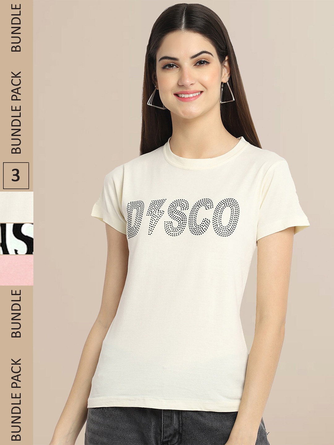 

Fabflee Women Off White & Pink Pack Of 3 Typography Printed Cotton T-shirts