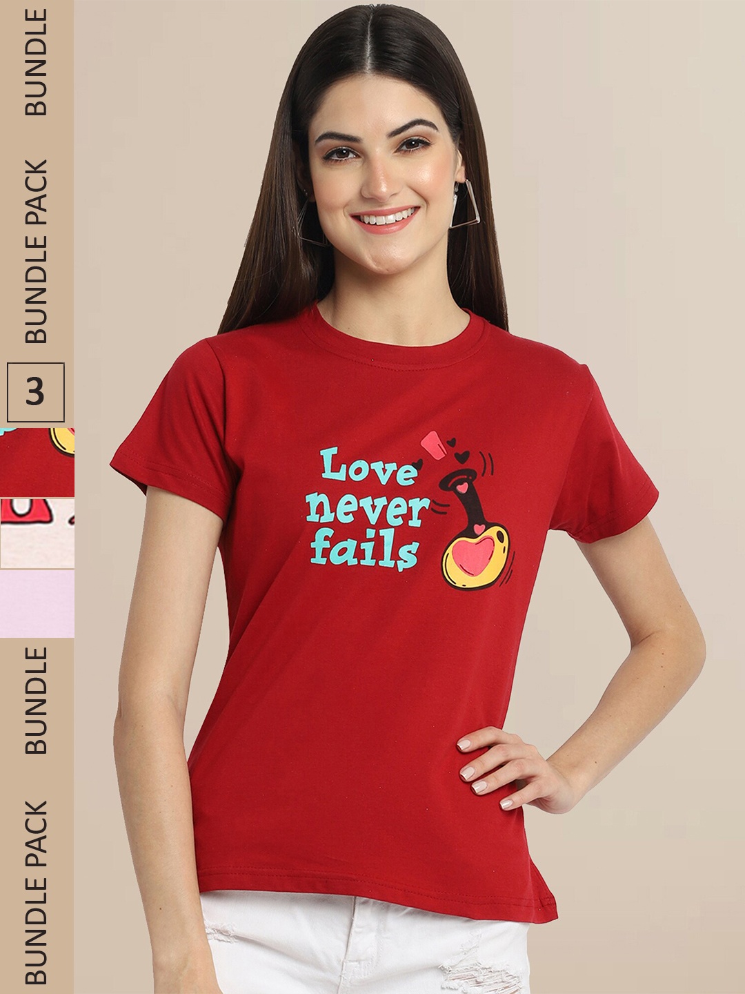

Fabflee Women Pack of 3 Printed Cotton T-shirt, Red