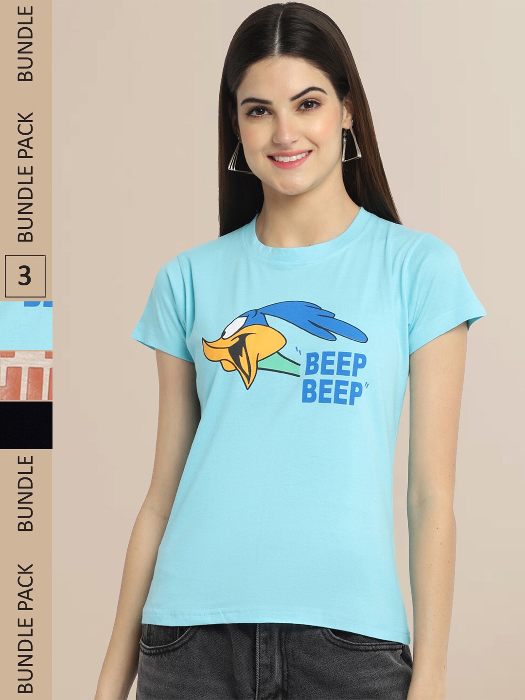 

Fabflee Women Pack of 3 Printed Cotton T-shirt, Blue