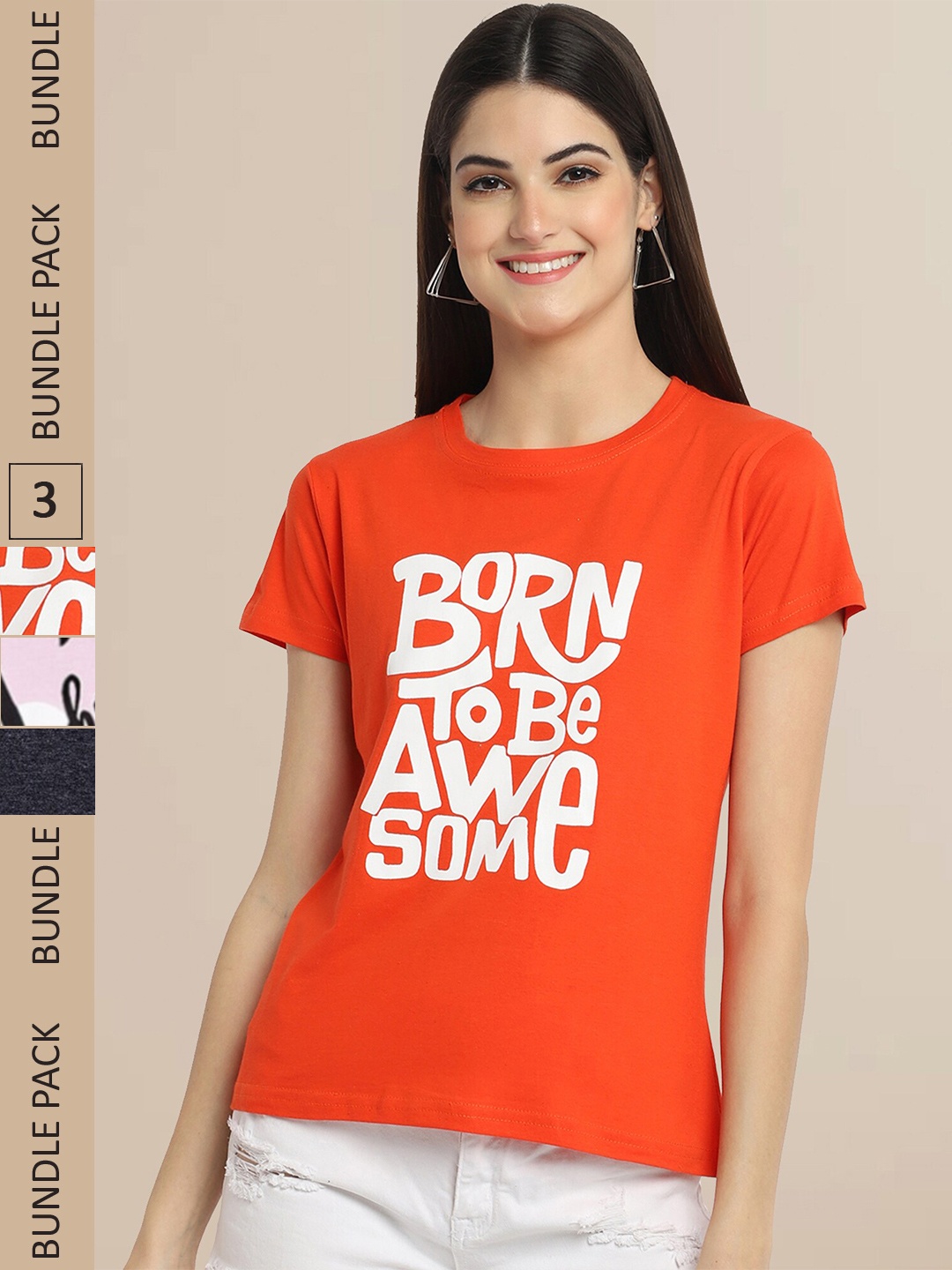 

Fabflee Pack Of 3 Women Typography Printed Cotton T-shirt, Orange