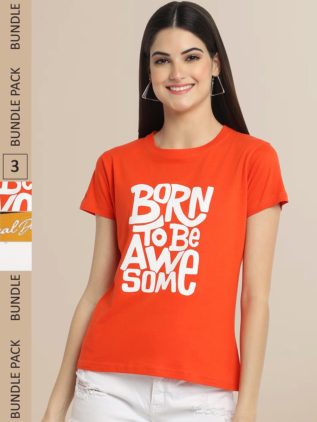 

Fabflee Pack Of 3 Women Typography Printed Cotton T-shirt, Orange