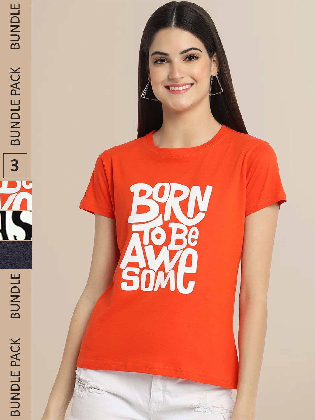 

Fabflee Pack Of 3 Women Typography Printed Cotton T-shirt, Orange