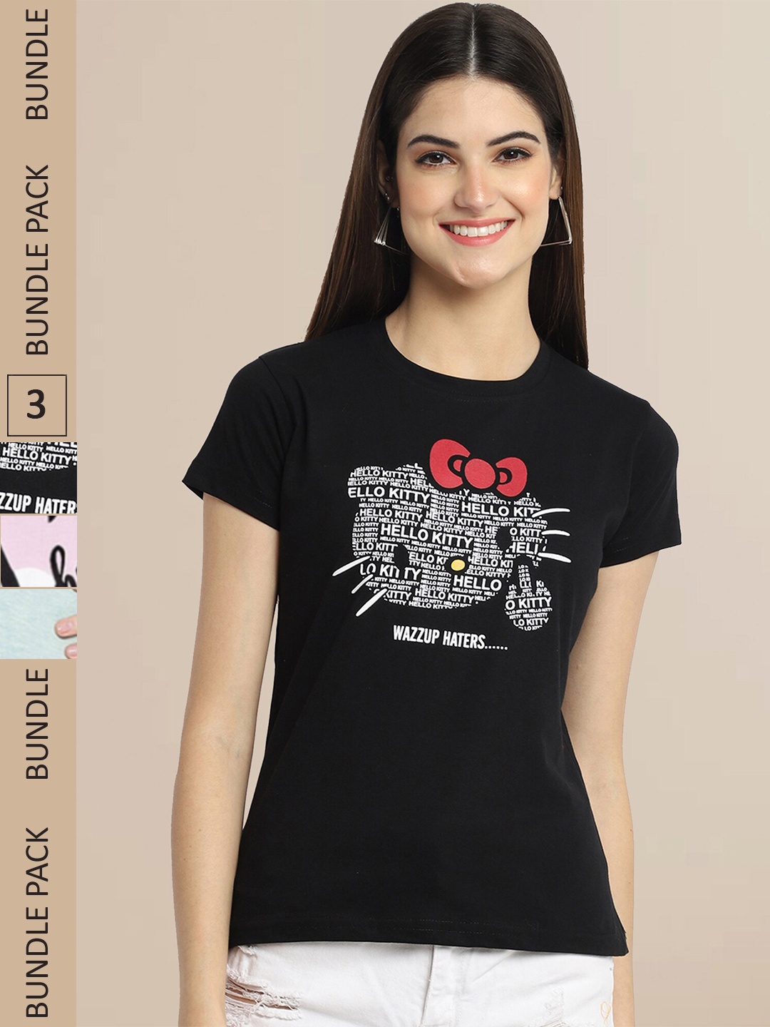 

Fabflee Pack Of 3 Women Typography Printed Cotton T-shirt, Black