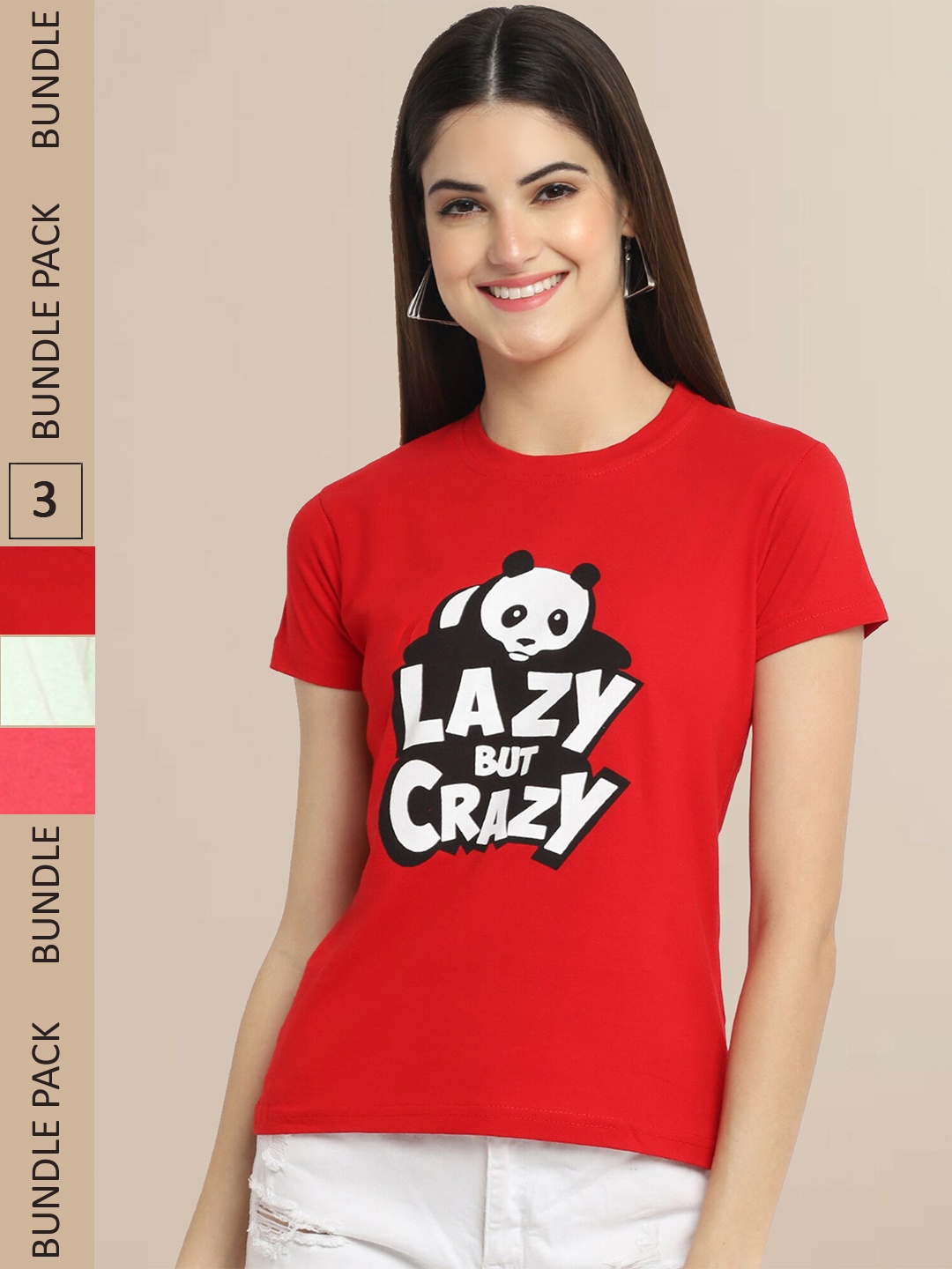 

Fabflee Pack Of 3 Women Typography Printed Cotton T-shirt, Red