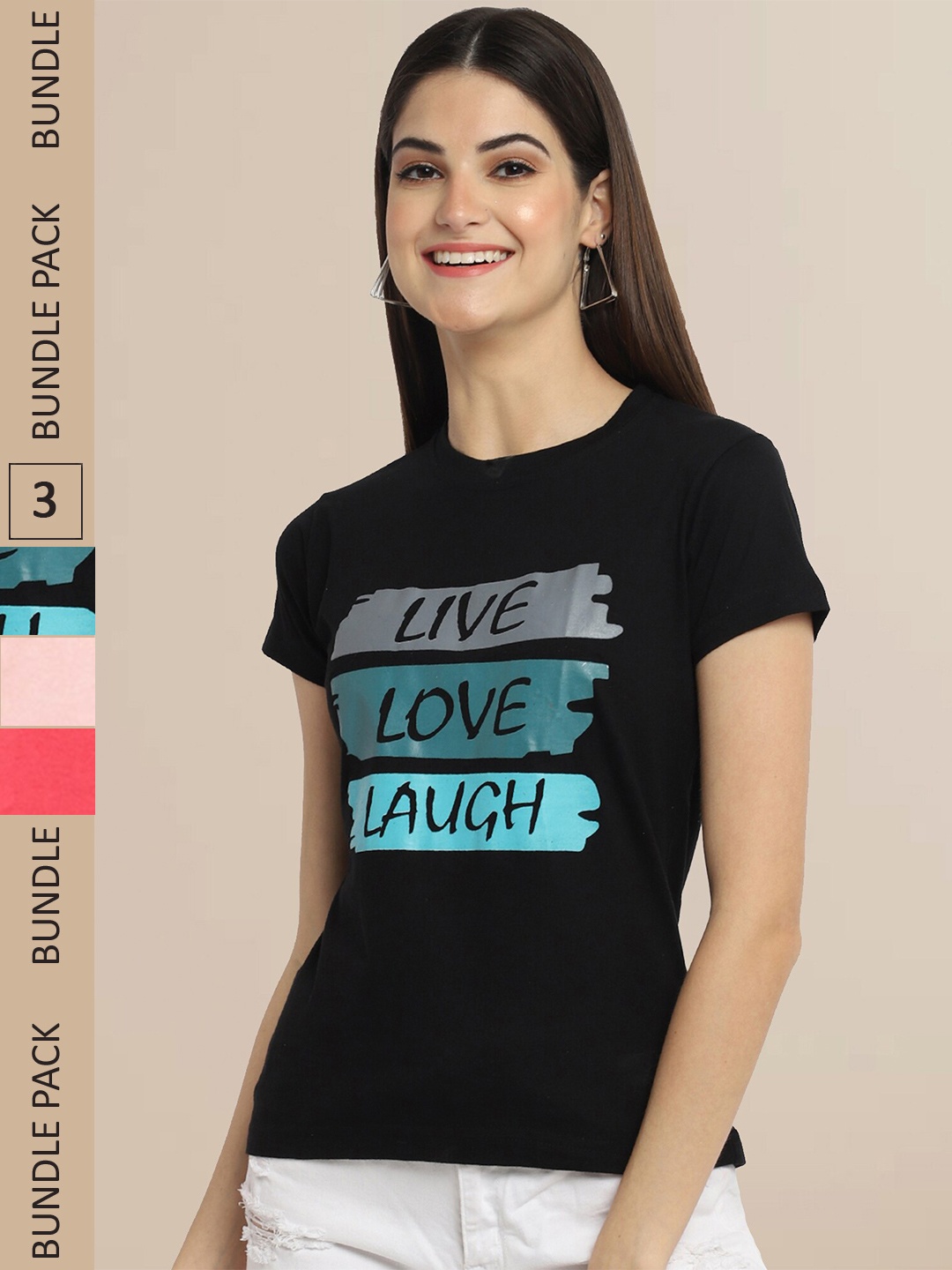 

Fabflee Pack Of 3 Women Typography Printed Cotton T-shirt, Black