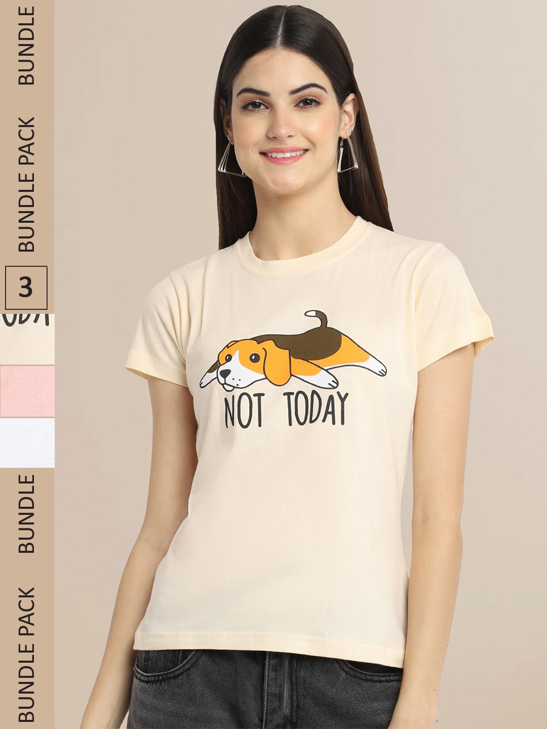 

Fabflee Pack Of 3 Women Typography Printed Cotton T-shirt, Beige