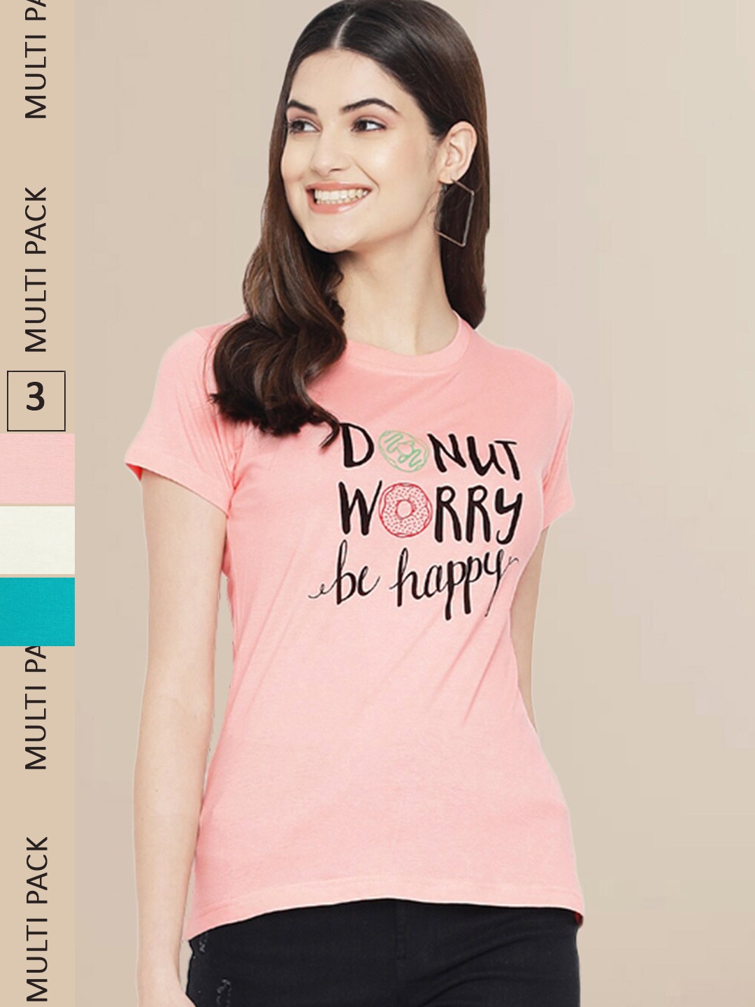 

Fabflee Pack Of 3 Women Typography Printed Cotton T-shirt, Peach