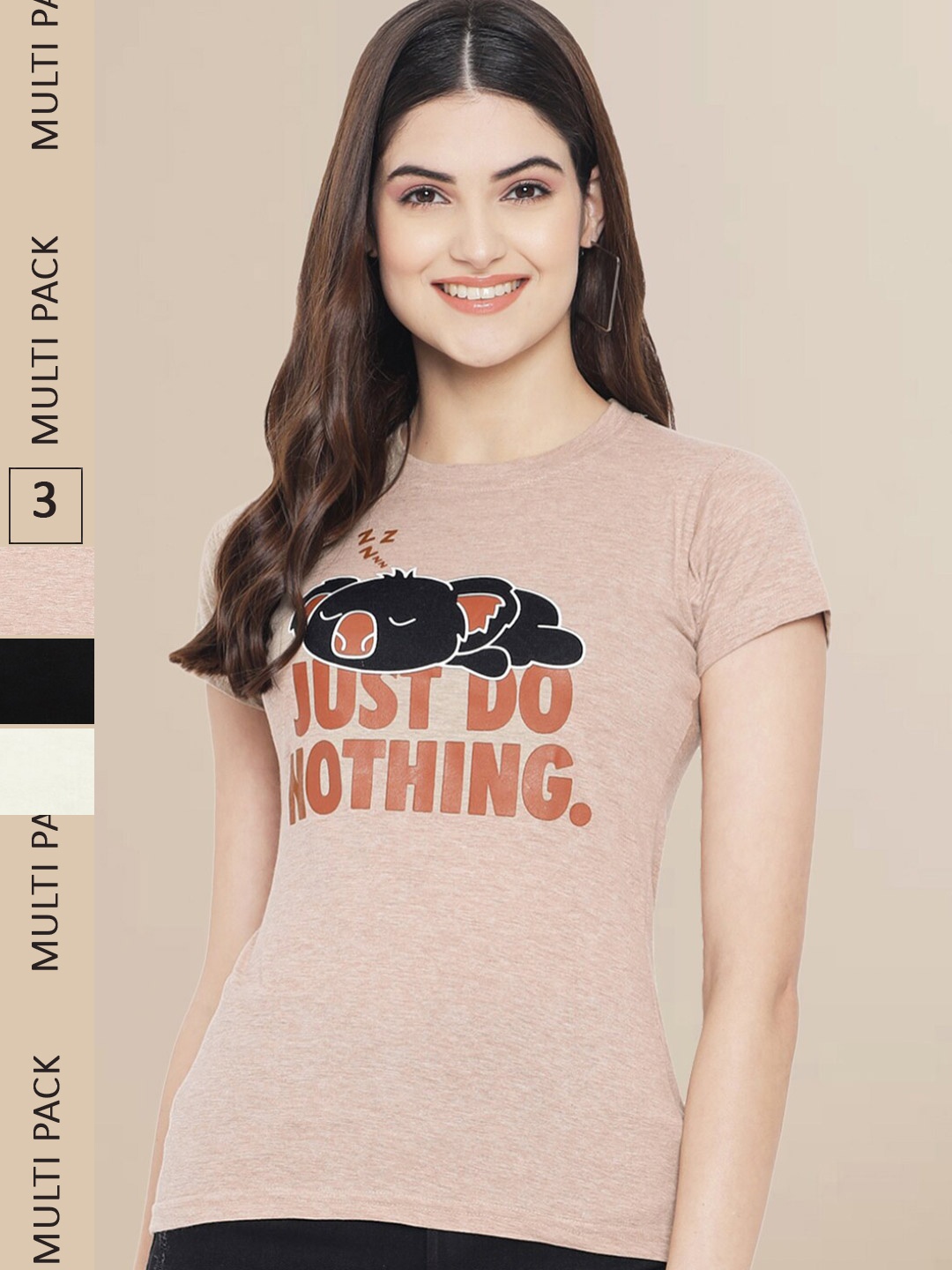 

Fabflee Women Pack of 3 Printed Cotton T-shirt, Brown