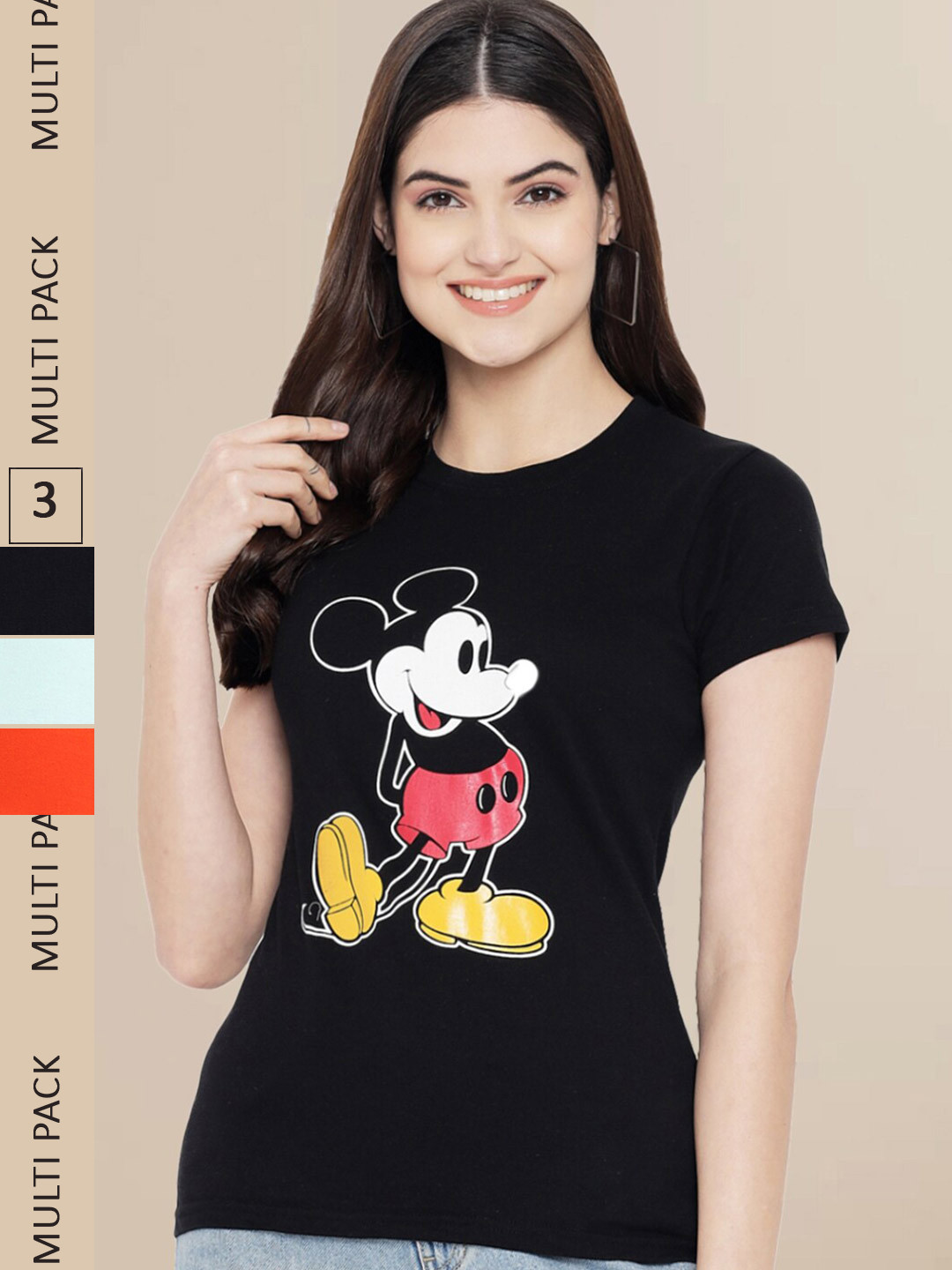 

Fabflee Women Pack of 3 Printed Cotton T-shirt, Black