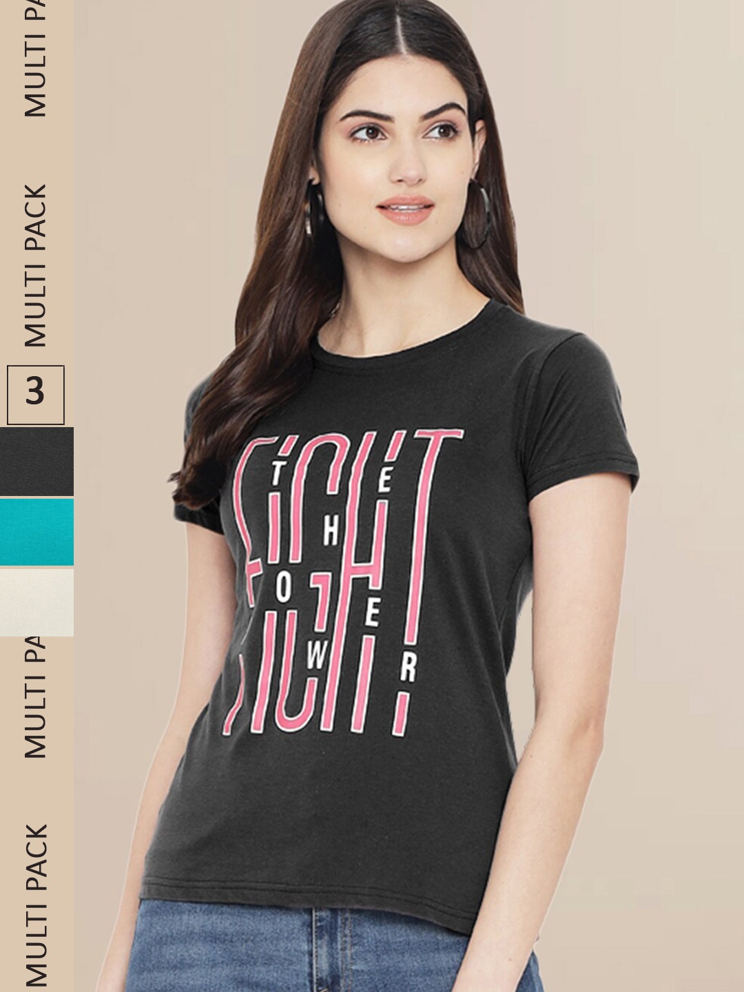

Fabflee Women Pack of 3 Typography Printed Cotton T-shirt, Black